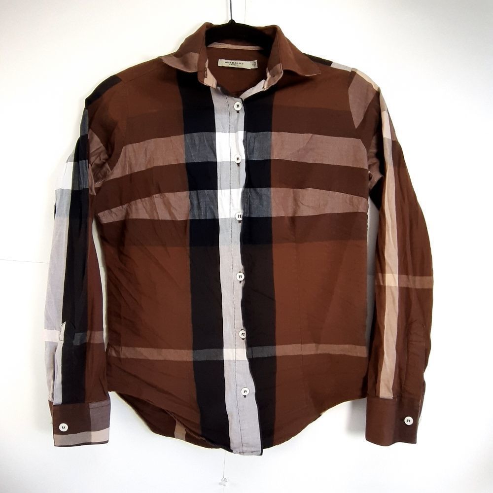 BURBERRY BRIT Nova Check Brown Plaid Cotton Button-Up Shirt Top Size S